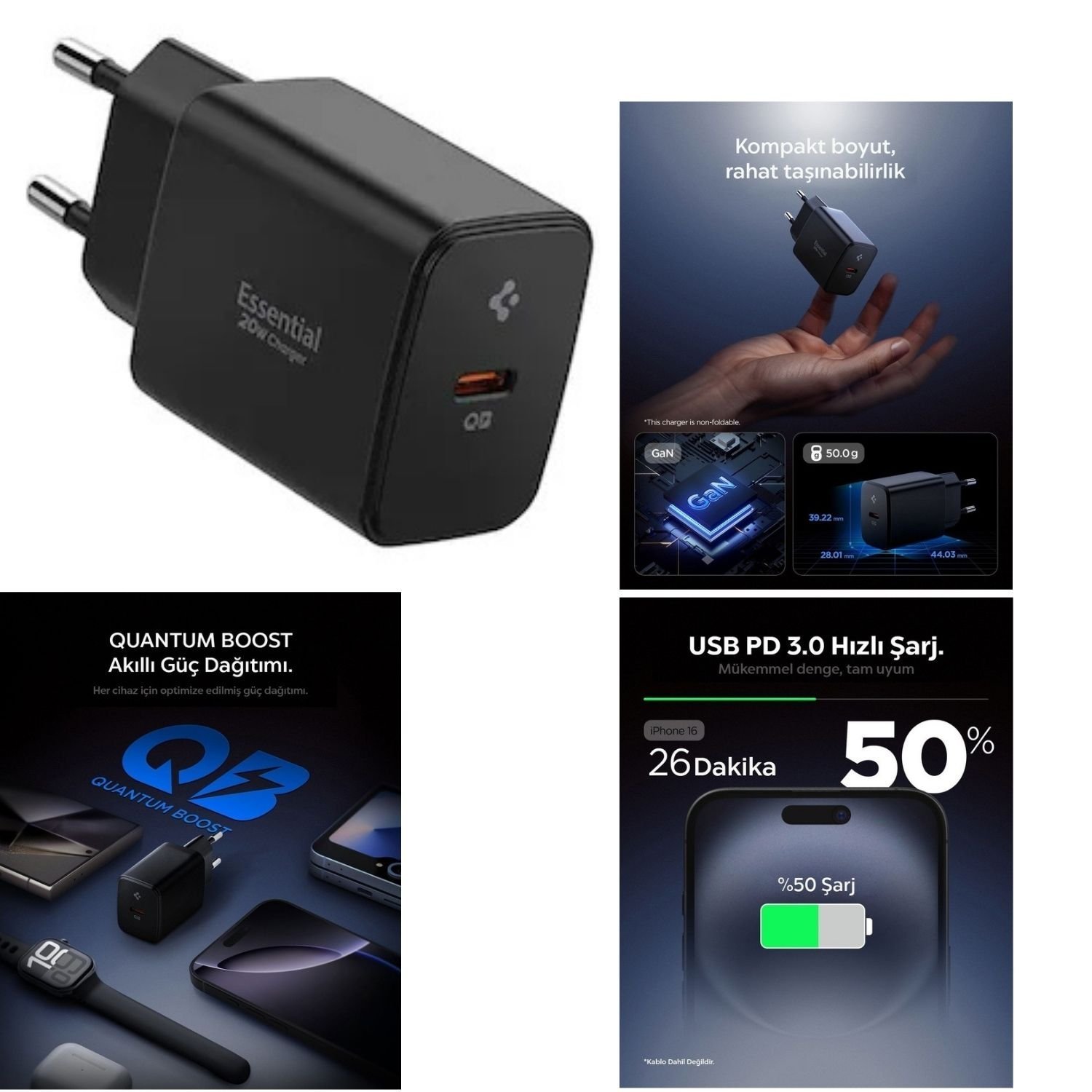 Spigen 20W USB-C Mini Hızlı Şarj Aleti GaN Destekli Akım Korumalı iPhone & Android & iPad