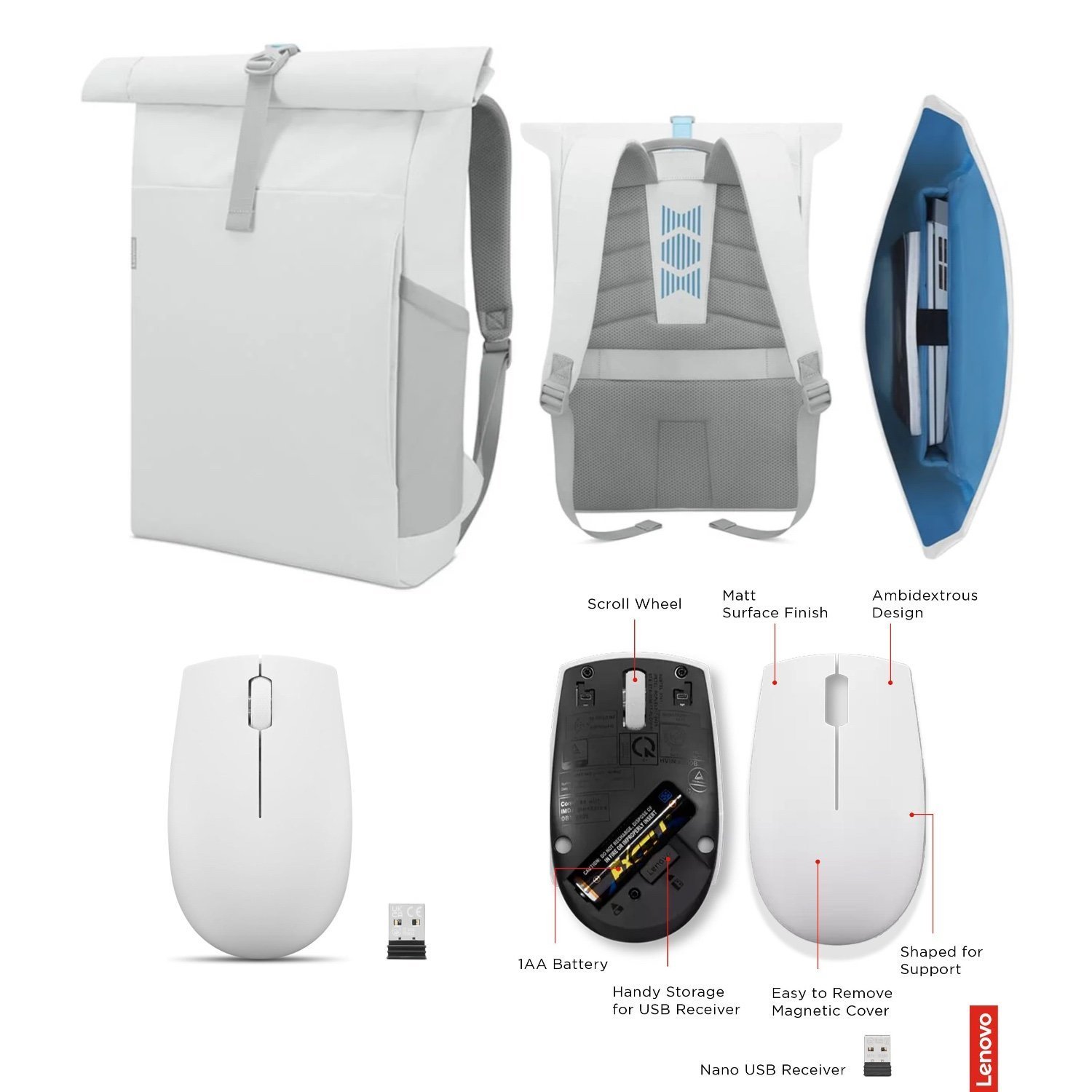Lenovo 300 Kablosuz Bulut Grisi Mause + Gaming GX41H71241 Beyaz Çanta 16 inç Pro Set