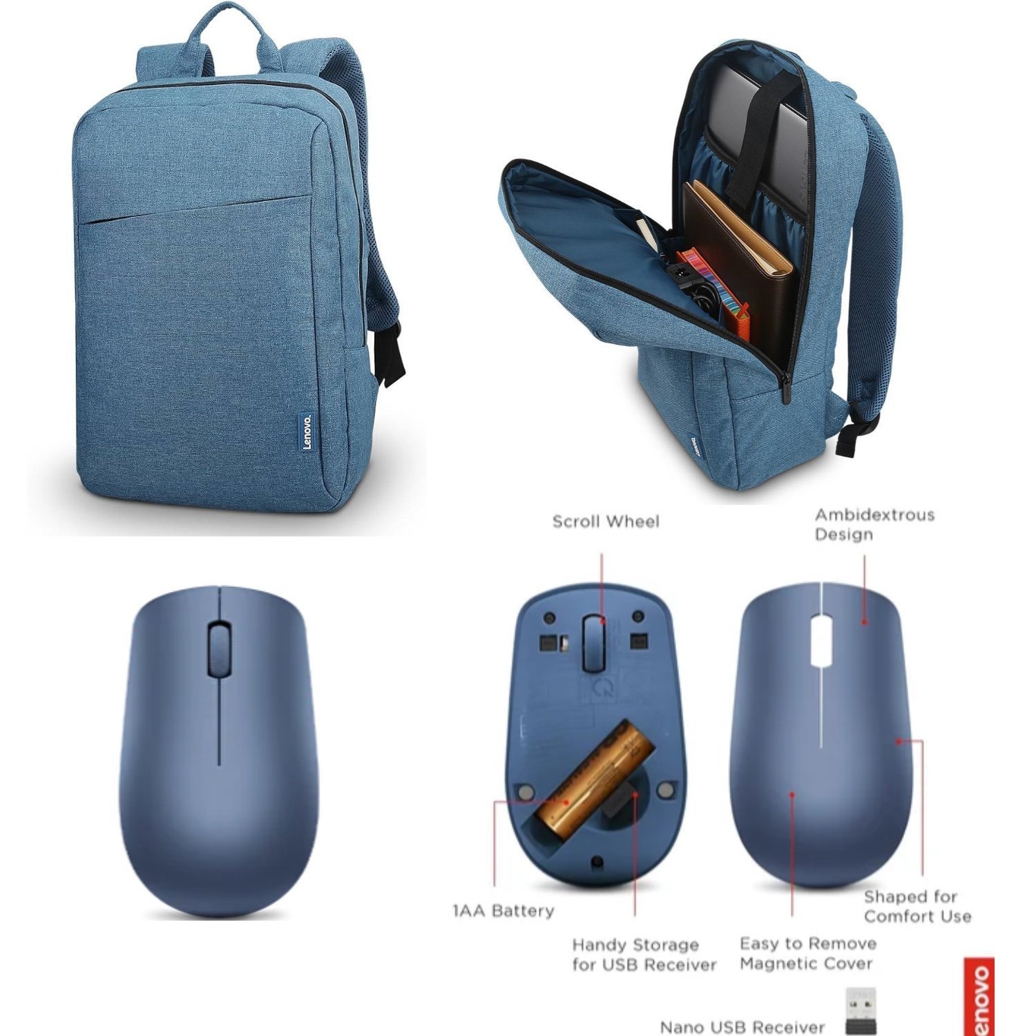 Lenovo 530 GY50Z18986 Kablosuz Mouse + GX40Q17226 15.6 Inç Toploader B210 Notebook Sırt Çantası Mavi