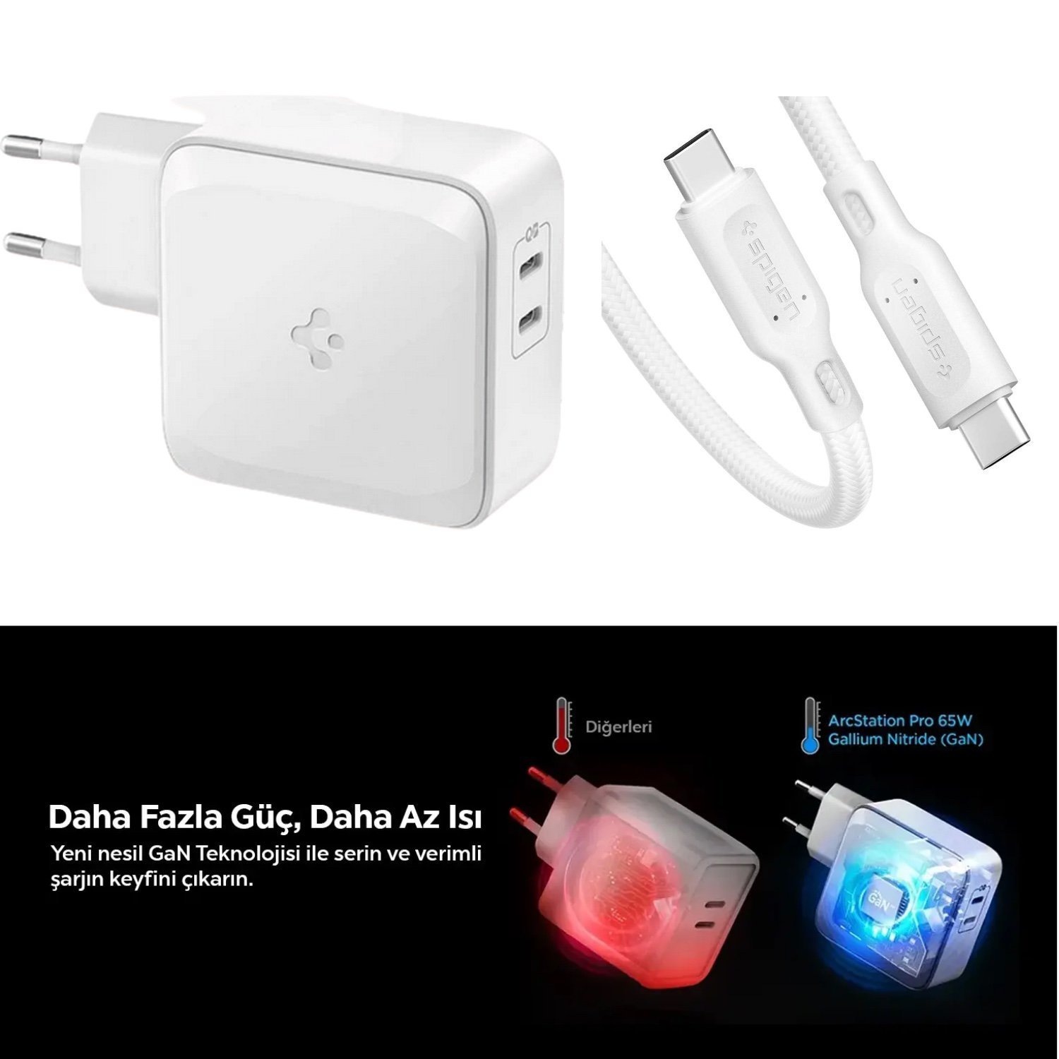 Spigen 65W Notebook Telefon USB-C 2 Port Hızlı Şarj+USB-C to USB-C 1.5 Metre Örgü Kablo