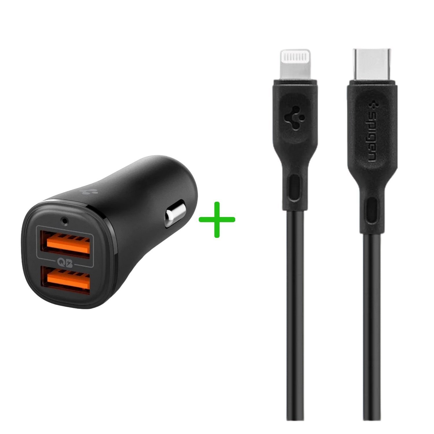 Spigen 30W USB-A  Araç içi Hızlı Şarj 18W + 12W Akım Korumalı+USB-C to Lightning 1 M MFI Lisanslı