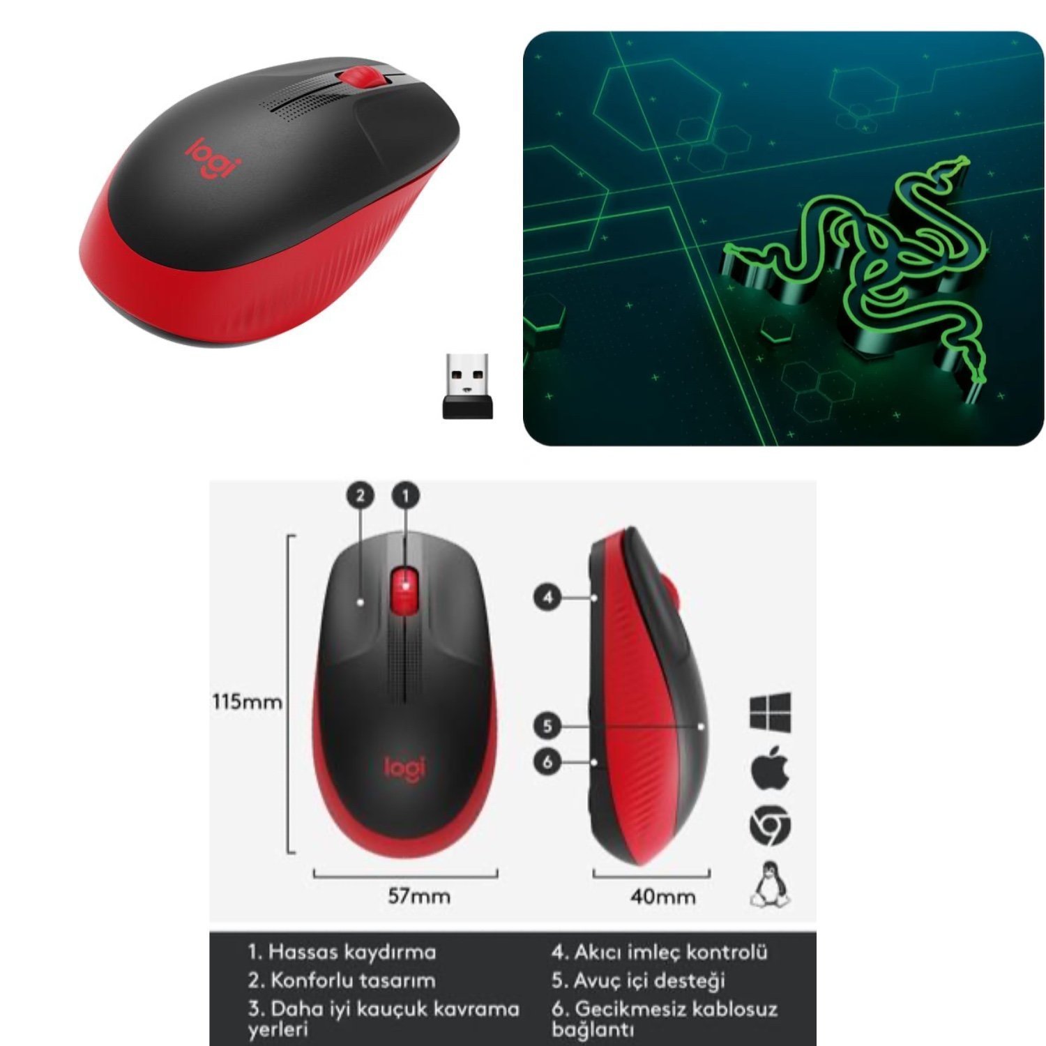 Razer Mobile Mini Mousepad+Logitech m191 Siyah Kırmızı Mouse Set